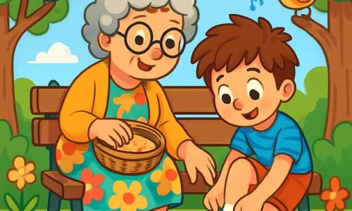 An elderly woman, Mrs. Daisy, with curly gray hair and round glasses, is sitting on a bench in a park. She is wearing a colorful floral dress and holding a basket filled with bread crumbs. Next to her is a small boy named Timmy, around 7 years old, with messy brown hair and a striped t-shirt, looking in wonder at his shoelaces. They are surrounded by lush trees, vibrant flowers, and singing birds in a clear blue sky. The scene depicts Mrs. Daisy helping Timmy untie his shoelaces, with bread crumbs scattered around them, creating a joyful and friendly atmosphere.
