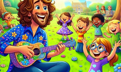 A joyful man, Mr. Chord, is sitting on a large patch of green grass in a sunny park. He has curly brown hair, wears a colorful shirt with musical patterns, and has a big smile on his face as he plays his sparkling ukulele adorned with blue flowers. Around him, a group of four enthusiastic children: a girl with pigtails in a polka-dot dress dancing and laughing; a curly-haired boy in a yellow cap clapping excitedly; a girl with round glasses holding a ukulele and trying to play; and a boy in a green t-shirt singing joyfully. They are all gathered around Mr. Chord, captivated by the music. The park is filled with colorful flowers, majestic trees, and sunlight filtering through the leaves, creating a magical and joyful atmosphere. Families gather in the background, smiling and listening to the music. The main scene shows Mr. Chord teaching the children how to play the ukulele while they laugh and enjoy themselves, creating a beautiful harmony of joy and music.