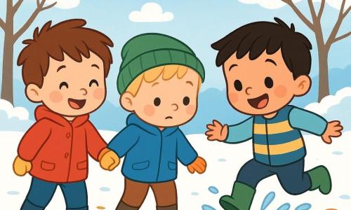 Há 3 personagens: - Tom: um menino de quase 2 anos, com cabelo castanho bagunçado, vestindo uma pequena jaqueta vermelha e luvas amarelas. Ele segura a mão de Rui e sorri alegremente. - Rui: um menino de quase 2 anos, com cabelo loiro e bochechas redondas, vestido com um casaco azul e um gorro verde. Ele olha para o chão, fascinado por uma poça de água. - João: um menino de quase 2 anos, com cabelo preto e um rosto curioso, vestindo um colete listrado e botas de borracha. Ele pula em uma poça, espirrando água ao seu redor. O local é um parque de inverno, com árvores desnudadas cobertas de neve cintilante. O chão está coberto de folhas secas e flocos de neve, criando um tapete suave e macio. O céu é de um azul claro, salpicado de nuvens brancas fofas. A cena principal mostra os três meninos brincando juntos, rindo e se divertindo na neve. Tom segura a mão de Rui, enquanto João pula em uma poça, espirrando água ao redor deles. As risadas ecoam no ar fresco, e a atmosfera é alegre e cheia de vida.