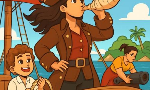 A capitã Inês, uma mulher corajosa de cerca de trinta anos, está orgulhosamente no convés de seu navio, a Gaivota Dobrada. Com cabelos longos e ondulados ao vento, ela usa um casaco de pirata de couro marrom, decorado com botões dourados brilhantes. Seu rosto expressa determinação, com olhos curiosos e um sorriso confiante. Ao seu lado, Tomé, um garoto de doze anos com cabelos cacheados e um rosto cheio de vida, ajusta uma corda com entusiasmo, vestido com uma camisa branca e calças de lona. Mais adiante, Pimenta, uma mulher robusta de trinta anos, verifica os canhões do navio, com uma expressão concentrada e cabelos presos em uma trança. O cenário é um mar calmo sob um céu azul brilhante, com nuvens flutuando preguiçosamente. Ao fundo, uma ilha verde com palmeiras e rochas íngremes. A cena principal mostra a capitã Inês soprando em uma concha, chamando o vento para direcionar seu navio em direção a uma misteriosa enseada, enquanto os membros da tripulação trabalham animadamente ao seu redor, ansiosos pela aventura que os espera.