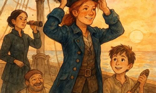 Uma capitã de cerca de 35 anos, rosto avermelhado pelo sal e sol, sorriso orgulhoso e olhar terno, veste jaqueta marinheira azul gasta, botas de couro castanho e segura um tricorne que prende ao mastro principal, em pé no convés com postura confiante; ao seu lado direito à frente, Nico, um rapaz de 12 anos de cabelos castanhos desgrenhados e olhos brilhantes de admiração, segura uma corda; à esquerda, Maia, mulher de 30 anos de cabelo preto preso e rosto sério mas sereno, está sobre uma caixa olhando o horizonte com uma luneta; ao fundo, Barba-Pequena, cozinheiro de cerca de 45 anos, robusto com pequeno cavanhaque e avental manchado, ri segurando uma frigideira perto de um barril; convés de madeira clara molhada, cordas grossas enroladas, polias de metal patinado, vela parcialmente recolhida e cabos formando linhas gráficas; mar calmo com reflexos alaranjados e pôr do sol rosa‑alaranjado com poucas nuvens, leves respingos em aquarela nas ondas; atmosfera triunfante e acolhedora, cores quentes e texturas de madeira e tecido em lavis, composição centrada na capitã e no tricorne olhando para o horizonte.