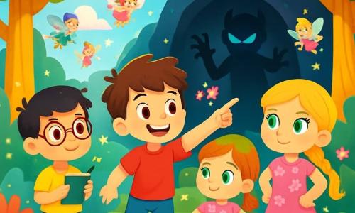 Há 4 crianças: - Lucas: um menino de 5 anos, com cabelos castanhos bagunçados e olhos curiosos. Ele usa uma camiseta vermelha e um short azul, está no centro, apontando para o horizonte com um grande sorriso. - Clara: uma menina de 5 anos, com longos cabelos loiros trançados e olhos verdes brilhantes. Ela veste um vestido rosa com flores e está à direita de Lucas, com as mãos na cintura, pronta para a aventura. - Miguel: um menino de 5 anos, com cabelos pretos e óculos redondos. Ele usa uma camiseta amarela e uma calça bege, está um pouco atrás, segurando um caderno e um lápis, como se estivesse anotando ideias. - Sofia: uma menina de 5 anos, com cabelos castanhos e duas tranças. Ela usa uma camiseta roxa e uma saia de bolinhas, está à esquerda de Lucas, levantando os braços, cheia de emoção. O cenário é o Reino das Fadas, um lugar mágico cheio de cores vibrantes, com árvores gigantes de troncos dourados e flores luminosas. O céu azul claro tem nuvens em forma de doces, e uma luz dourada ilumina a paisagem. A cena mostra as crianças de mãos dadas, cercadas por fadas cintilantes e criaturas encantadas, prontas para enfrentar o vilão Sombrio em uma caverna escura, onde sombras dançam ao redor. Elas têm expressões de determinação e amizade, prontas para salvar o cristal da luz.