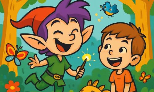 Un elf jucăuș, pe nume Liliac, cu urechi mari ascuțite și păr violet strălucitor, zâmbește vesel în timp ce sare într-o poieniță însorită. Ochii săi strălucitori de năzdrăvănie reflectă entuziasmul său, în timp ce ține în mână o baghetă strălucitoare. Lângă el se află Marius, un băiat de nouă ani, cu părul castaniu deschis și ochi strălucitori de curiozitate, care râde ascultând o poveste spusă de Liliac. Se află în mijlocul unei păduri magice, înconjurați de copaci cu trunchiuri aurii și frunze verzi smarald care strălucesc sub soare. Flori colorate și creaturi amuzante, precum fluturi cu aripi multicolore și păsări cântătoare, zboară în jurul lor, adăugând la atmosfera veselă. Scena îl arată pe Liliac povestind o poveste amuzantă lui Marius, care este captivat de fiecare cuvânt, în timp ce un dragon auriu, adormit nu departe, zâmbește auzind râsetele celor doi prieteni.