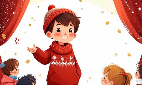 An 11-year-old boy, Charlie, stands at the center of the image with messy brown hair and sparkling eyes full of joy. He wears a red sweater with a snowflake pattern and a wool hat, his smile radiating excitement as he invites children to join him on stage. Next to him, Mia, his 11-year-old best friend, has long blonde braids and round glasses. She is reaching out to younger kids to encourage them to come on stage, her face lit up by a big smile. The background shows an outdoor concert stage decorated with twinkling lights and a large illuminated Christmas tree, surrounded by happy families and children playing in the snow. The main scene depicts Charlie and Mia, surrounded by an enthusiastic crowd, singing Christmas carols with children coming on stage, creating a festive and warm atmosphere filled with laughter and joy.