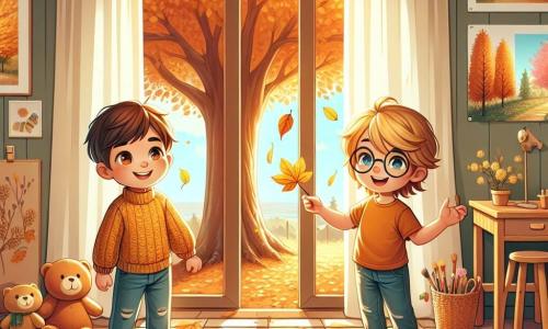 Due ragazzi, Luca e Marco, di 7 anni, si trovano vicino a una grande finestra. Luca, con i capelli castani e gli occhi scintillanti, indossa un maglione giallo e sorride guardando le foglie dorate all'esterno. Marco, con i capelli biondi e gli occhiali, indossa una maglietta arancione e indica una foglia che cade. La stanza è accogliente, decorata con poster di natura, con giocattoli sparsi sul pavimento e una luce soffusa che filtra dalla finestra. All'esterno, un albero maestoso con foglie dorate e arancioni si erge, creando uno spettacolo colorato. I due ragazzi discutono con entusiasmo dei colori delle foglie d'autunno, mentre la loro mamma, una donna sorridente con i capelli castani, entra nella stanza con foglie e materiale artistico, pronta ad aiutarli a creare un progetto ispirato alla bellezza dell'autunno.