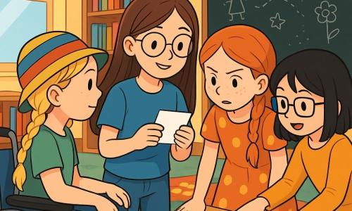 Es gibt vier Kinder: Laura, ein 10-jähriges Mädchen mit langen braunen Haaren und runden Brillen, trägt ein blaues T-Shirt und eine Jeans. Sie hält ein kleines Papier mit einem neugierigen Lächeln in der Mitte des Bildes. Mia, ein 9-jähriges Mädchen mit blonden Zöpfen und einem bunten Hut, sitzt in einem mit Stickern dekorierten Rollstuhl und schaut aufmerksam auf das Papier, das Laura hält. Kati, ein 10-jähriges Mädchen mit roten Haaren und Sommersprossen, trägt ein gepunktetes Kleid und beugt sich mit entschlossenem Gesichtsausdruck nach vorne, neben Laura. Sina, ein 9-jähriges Mädchen mit schwarzen Haaren und quadratischen Brillen, zeigt auf ein großes, aufgeschlagenes Buch auf einem Tisch und steht leicht hinter Kati. Der Ort ist ein heller Klassenraum mit gelben Wänden und Fenstern, die Sonnenstrahlen hereinlassen. Im Hintergrund sind Regale mit bunten Büchern zu sehen und eine große Tafel ist mit Kinderzeichnungen und Notizen bedeckt. Auf dem Boden liegt ein weicher Teppich mit Blumenmustern. Die Hauptsituation zeigt die vier Freunde bei einer Untersuchung, die ein mysteriöses Papier mit interessanten Worten betrachten. Sie sind alle konzentriert, tauschen Ideen aus und haben neugierige und aufgeregte Gesichtsausdrücke, bereit, das Geheimnis zu lösen.