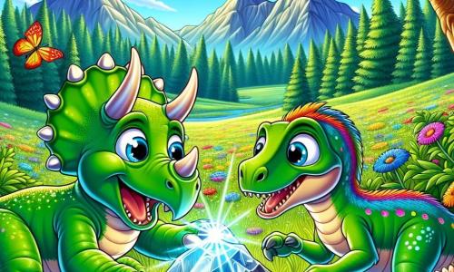 Un tânăr triceratops pe nume Dino, cu o piele verde strălucitoare și trei coarne ascuțite pe cap, își exprimă o mare curiozitate în timp ce examinează un artefact misterios, strălucitor în iarbă. Alături de el, prietenul său Rapi, un velociraptor agil cu pene colorate, observă cu ochii mari, pregătit să-l ajute în această descoperire fascinantă. Scena are loc într-o pajiște vastă și însorită, unde copaci mari cu frunze luxuriante dansează în vânt, iar flori colorate presară solul verde. La orizont, munți măreți se conturează sub un cer albastru strălucitor, presărat cu nori pufoși. Dino și Rapi, captivați de artefactul misterios, stau umăr la umăr, împărtășind un moment de uimire și camaraderie, în timp ce fluturi cu culori vii zboară în jurul lor, adăugând o notă de magie acestei descoperiri incredibile.