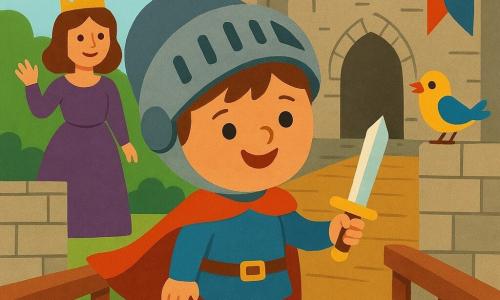 Niño caballero (Nico), cara redonda, pelo castaño corto, casco grande echado hacia atrás en la nuca, capa roja ondeante, pequeña espada brillante en la mano, expresión alegre y segura, de pie en el puente del castillo; reina adulta (mujer) con vestido púrpura y corona dorada, mano levantada como llamando, en el patio detrás de Nico a la izquierda; pequeño mensajero pájaro sin género, plumaje amarillo y azul, posado en el borde del muro a la derecha, cabeza vuelta hacia Nico cantando; castillo alto de piedras grises con grandes banderas rojas y azules, puente de madera, bosque verde denso a lo lejos y cielo matinal claro; escena principal: momento de partida aventurera — Nico sonriente avanza por el puente hacia el bosque, la reina lo anima, el pájaro canta; composición simple, formas grandes y legibles, colores vivos, contornos suaves y texturas planas aptas para niños pequeños.