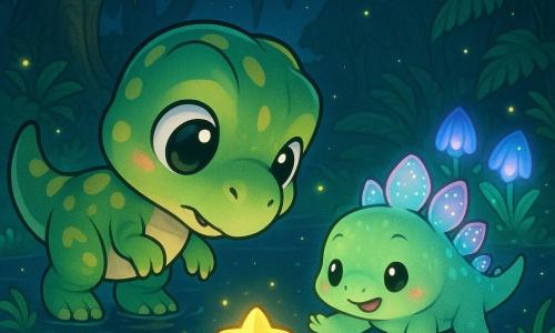 Pequeño Tyrannosaurio Rex chibi y adorable, ojos grandes y brillantes, expresión tímida pero curiosa, piel verde con motivos amarillos y pequeñas garras redondeadas, avanzando suavemente y mirando una estrella caída en el agua; la estrella, como una joya dorada flotante, emite un resplandor suave y pulsante; Stella, pequeño estegosaurio chibi con placas translúcidas y brillantes, sonríe, flota sobre el agua y extiende una pata amiga hacia Rex; plantas fosforescentes bordean el pantano con helechos gigantes y flores-lámpara azules y violetas que proyectan reflejos; el agua es un espejo negro tranquilo con pequeñas ondas y reflejos estelares, y luciérnagas flotan alrededor; fondo de árboles gigantes de troncos nudosos, musgo y lianas, cielo nocturno profundo; ambiente mágico y reconfortante en tonos pastel luminosos, contornos suaves y luz cálida alrededor de la estrella; composición: Rex en primer plano a la izquierda, la estrella en el centro frente a él, Stella un poco a la derecha y en retroceso, plantas luminosas enmarcando la escena.