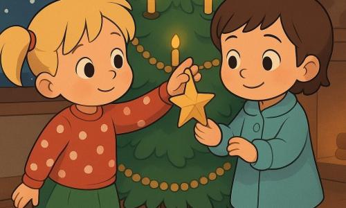 Twee meisjes van 3 jaar staan bij een grote kerstboom in een gezellig woonkamer 's nachts: links een blond meisje met twee staartjes, ronde roze wangen, grote glanzende ogen, rood truitje met witte stippen en groene rok, die met haar rechterhand naar een kleine papieren ster aan een tak reikt; rechts een kastanjebruin kortharig meisje met verlegen glimlach, lichtblauwe jas en wollen slofjes, dat de tak zachtjes vasthoudt met haar linkerhand terwijl haar vriendin de ster rechtzet; de groene boom staat centraal, versierd met zachte gele kaarsjes en gouden slingers, door het raam vallen dikke sneeuwvlokken, warme zachte verlichting en lichte rook uit een haard aan de rechterkant, de scène is intiem en rustig met warme kleuren en zachte texturen.