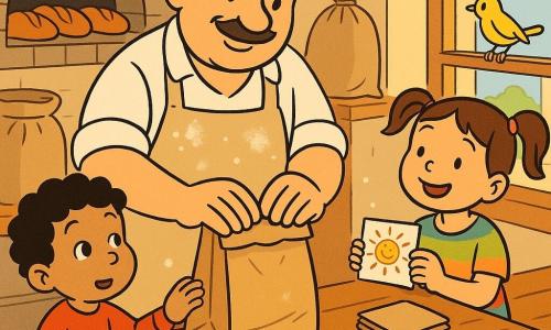 Un uomo — il panettiere Luca — sorridente e caloroso, volto rotondo, baffi sottili, capelli corti castani, grembiule beige infarinato, piega un sacchetto di carta con mani larghe e abili; espressione benevola e concentrata. Un bambino di circa 5 anni, capelli ricci neri, occhi stupiti, a sinistra del banco tocca il bordo del sacchetto; una bambina di circa 7 anni, capelli in due codine, vestito colorato, a destra tiene un disegno di sole ed è impaziente e sorridente. Un gattino tigrato grigio su una mensola bassa osserva, un uccellino giallo sul davanzale della finestra che dà sulla strada. La panetteria è intima e luminosa: banco di legno lucido, polveri di farina nell'aria, sacchi di farina, forno a pietra aperto con pane dorato, piccoli sacchetti di carta impilati con etichette; la luce calda del mattino illumina la scena, creando ombre morbide e mettendo in risalto le texture (carta stropicciata, crosta lucida, legno levigato).