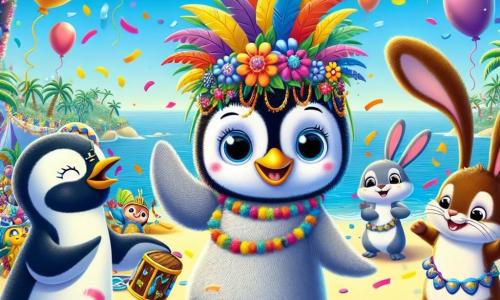 Un piccolo pinguino di nome Pino, con un piumaggio nero e bianco lucente, occhi scintillanti di gioia e un grande sorriso, balla felicemente in mezzo a una festa colorata, indossando un costume di piume multicolori. Accanto a lui, la sua migliore amica Freddi, una foca dagli occhi dolci e dal manto argentato, applaude con entusiasmo, le pinne sollevate in aria, mentre un coniglio di nome Bobo, con grandi orecchie e un manto marrone, salta intorno a loro, ridendo e tenendo una mappa del tesoro. La scena si svolge su un'isola soleggiata, decorata con ghirlande di fiori e palloncini colorati che fluttuano nel cielo blu, con coriandoli che cadono dolcemente intorno a loro. Sullo sfondo, un grande albero maestoso si erge, sotto il quale si nasconde un forziere del tesoro. I personaggi festeggiano insieme, circondati da musica e risate, pronti a condividere la loro gioia e le loro scoperte con tutti gli altri animali del carnevale.