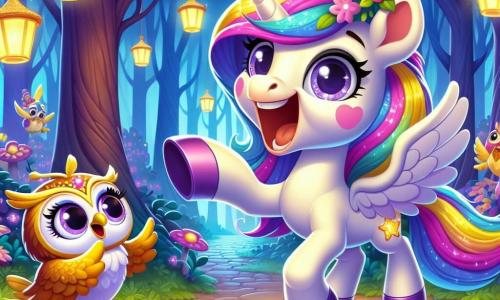 Una unicornia gioiosa e scintillante, di nome Lilla, si trova al centro della scena. Ha una criniera flamboyante dai colori dell'arcobaleno, occhi brillanti e un sorriso radioso che esprime il suo entusiasmo. Lilla sta raccontando una barzelletta, con le zampe anteriori sollevate in un gesto teatrale, circondata da risate. Accanto a lei, un piccolo gufo dorato, con grandi occhi rotondi e piume scintillanti, applaude con entusiasmo. È posato su un ramo, guardando Lilla con ammirazione. Sullo sfondo, la Foresta Incantata è piena di alberi maestosi con tronchi spessi e foglie luminose, illuminate da lanterne colorate sospese. Fiori brillanti e funghi giganti decorano il suolo, creando un'atmosfera magica e festosa. La scena principale mostra Lilla pronta a raccontare una delle sue migliori barzellette al pubblico, composto da creature incantate che ridono e applaudono, creando un'atmosfera gioiosa e vivace.