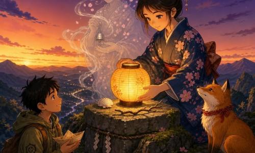 Una mujer (Aiko) de rostro dulce y decidido, ojos avellana, kimono índigo con sakuras rosas, coloca una pequeña linterna de papel amarillo-anaranjada en un altar de piedra con expresión serena; un chico (Kenji, ~12 años) de pelo negro revuelto y chaqueta kaki la observa desde un poco más abajo con admiración, sosteniendo una barca de papel; un zorro rojizo de cola espesa con una cinta roja al cuello está sentado a la derecha mirando la linterna; detrás del altar flota un espíritu guardián en forma de anciana hecho de niebla plateada y pétalos, ofreciendo una campanilla plateada; lugar: cima montañosa rocosa al crepúsculo, musgo verde y raíces, pequeñas ofrendas en el altar, cielo naranja-violáceo con estrellas nacientes y valle con arroyo reflejando luces; la linterna ilumina los rostros, atmósfera cálida, texturas nítidas y contraste entre la linterna amarilla y el cielo violeta, composición centrada y clara para niños.