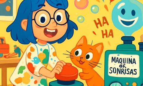 Una joven llamada Celia, con cabello azul brillante y gafas redondas, sonríe entusiasmada mientras sostiene un gran botón rojo. Lleva una blusa multicolor cubierta de manchas de pintura y calcetines a rayas. A su lado, un gato naranja llamado Tomatito, con grandes ojos curiosos, está de pie sobre sus patas traseras, listo para presionar el botón de la máquina. Su taller es una habitación luminosa, llena de paredes pintadas de amarillo brillante, carteles de planetas y numerosas herramientas esparcidas sobre mesas de madera. Burbujas de colores flotan en el aire, creando un ambiente alegre y lúdico. Celia y Tomatito están probando su invento, una máquina de hacer sonrisas, que emite burbujas gigantes y plumas de colores, mientras un coro de risas de niños resuena a su alrededor.