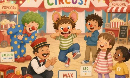 Sechsjähriger Max, rundes Gesicht, strahlende Augen und breites Lächeln, trägt eine große rote Nasenmaske und eine Maske mit großen Ohren, springt in der Mitte der Manege und macht eine komische Grimasse; Emil, erwachsener Zugführer ~40, dünner Schnurrbart und roter Schaffnerhut, hockt neben einem kleinen rot-gelben Spielzeugzug im Hintergrund und lacht, klatschend; Balduin, Clown ~50, grüne lockige Perücke und blaues Kostüm mit gelben Punkten, steht links von Max und verbeugt sich komisch; Mädchen ~7 mit braunen Zöpfen und gestreiftem Kleid hält die Hand eines anderen Kindes rechts der Manege und blickt kichernd zu Max; Junge ~6–8 mit kleiner roter Schein-Nase und zerzausten Haaren zwinkert und klatscht hinter Max; großes Zirkuszelt innen mit beigem Strohboden, rot-weißer runder Manege, rot-weiß gestreiftem Dach, Lichtergirlanden, Wimpeln und Popcornkartons im Hintergrund; Szene: festlicher Moment, Max als „Elefanten-Clown“ mit mehreren Masken im Mittelpunkt unter weichem Scheinwerferlicht, umgeben von Freunden und Clowns, helle, kräftige Farben, kawaii-minimal Stil mit einfachen Formen, weichen Konturen und flachen Texturen.