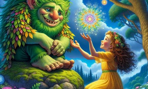 A large troll named Tully, with bright green skin and a long leaf cloak, is sitting on a moss-covered rock. He has sparkling eyes full of curiosity and a warm smile, expressing joy and excitement. Next to him, a small girl named Mia, about 7 years old, wears a bright yellow dress and has curly hair gently blowing in the wind. She is reaching out towards a magnificent glowing flower that shines brightly, with colorful petals sparkling like stars. The setting is atop a misty mountain, surrounded by majestic trees with thick trunks and vibrant flowers dancing in the wind. The sky is deep blue, dotted with fluffy clouds, and the sun bathes the scene in golden light. The main situation shows Mia and Tully united in their quest to retrieve the magical flower sparkling at the mountain's peak, defying the wind trying to carry it away.