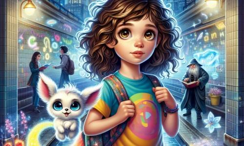 Ein 10-jähriges Mädchen namens Mia steht im Mittelpunkt des Bildes, mit lockigem braunem Haar und neugierigen Augen. Sie trägt ein buntes T-Shirt und einen kleinen Rucksack voller Bücher und zeigt einen Ausdruck von Entschlossenheit und Staunen. Neben ihr schwebt Trixi, ein kleines magisches Wesen mit weichem Fell und leuchtenden Augen, dessen langer, glitzernder Regenbogen-Schwanz den Raum um sie erhellt. Im Hintergrund erhebt sich eine moderne Stadt mit funkelnden Wolkenkratzern und hellen Lichtern, während magische Elemente wie leuchtende Blumen und Kreaturen, die im Schatten verborgen sind, eine geheimnisvolle Note hinzufügen. Die Szene spielt in einer verlassenen U-Bahn-Station, wo farbige Kristalle an den Wänden funkeln und ein kleiner klarer Wasserfluss über den Boden schlängelt. Mia und Trixi bereiten sich darauf vor, gegen einen großen Bösewicht, einen dunkäugigen Zauberer, zu kämpfen, der in der Ferne steht und die Arme hebt, um einen Zauber zu wirken. Die Atmosphäre ist angespannt, voller Magie und Abenteuer, während Mia und Trixi bereit sind, ihre verzauberte Welt zu verteidigen.