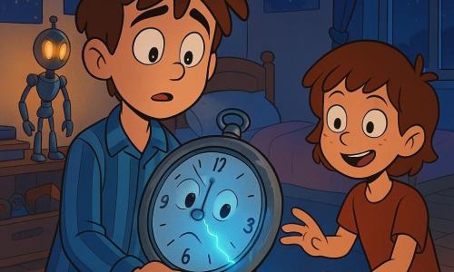 Un vecchio svegliarino da tasca animato, metallico e un po' ammaccato, con un volto sul quadrante e le lancette ferme a mezzanotte che emettono una lieve luce blu e una piccola fessura luminosa, è nella mano di un ragazzo di circa 12 anni dai capelli castani spettinati in pigiama a righe; lui lo stringe al petto guardando la fenditura con stupore e timore; accanto al letto sta una ragazza amica, capelli corti nocciola, espressione maliziosa ma attenta, mano tesa come per afferrare qualcosa; su una mensola dietro di loro un piccolo robot archivista in metallo lucido con occhi a clessidra osserva la scena; la camera notturna ha una lampada calda, poster di pianeti, finestra aperta con una luce blu, scatola di giochi e coperta accartocciata, pavimento in parquet e un sentiero di luce blu che serpeggia dallo svegliarino fino alla finestra; la fessura crea un passaggio temporale sul quale i ragazzi stanno sul bordo pronti a entrare, atmosfera magica con colori caldi mescolati a toni blu elettrico, contrasti morbidi e stile cartoon anni '90 con linee nette e silhouette rotonde, illuminazione drammatica ma accogliente.
