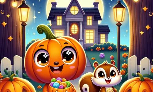In the center of the image, Pippin, a small smiling pumpkin, is round and orange, with sparkling eyes and a big smile. He stands on a green lawn, holding a handful of colorful candies, with a joyful and excited expression on his face. Next to him, Nutty, a small brown squirrel with a bushy tail, jumps for joy, his eyes shining with happiness, holding a treat in his little paws. In the background, a welcoming house is illuminated by pumpkin-shaped lanterns, surrounded by trees with golden leaves, under a starry sky and a bright moon. Soft shadows dance around, creating a magical and slightly mysterious atmosphere. The scene depicts Pippin and Nutty having fun together, ready to ring the doorbell of a house decorated for Halloween, filled with joyful decorations and twinkling lights, while a friendly ghost watches them with a smile, adding a touch of magic to the whole scene.