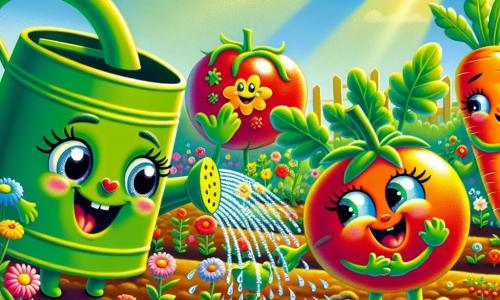 En un jardín colorido y soleado, una alegre regadera verde llamada Rita, con grandes ojos brillantes y una sonrisa radiante, riega flores multicolores saltando de felicidad. A su lado, un tomate jovial llamado Tomy, redondo y rojo, con una cara sonriente, quita malas hierbas con entusiasmo, mientras que una zanahoria naranja llamada Carla, con hojas verdes y un aire decidido, lo ayuda tirando de las raíces de las plantas indeseables. El jardín está lleno de flores brillantes, verduras frescas y rayos de sol que iluminan la tierra fértil, creando una atmósfera alegre y primaveral. La escena muestra a Rita, Tomy y Carla trabajando juntos para preparar el jardín para la temporada, con risas y sonrisas, ilustrando el espíritu de equipo y la magia de la primavera.