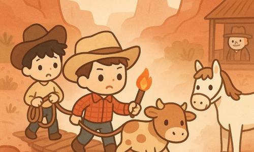 Joven vaquero de unos 14 años, expresión valiente y decidida, rostro redondo, pelo castaño corto, sombrero vaquero beige, camisa de cuadros roja, sosteniendo una antorcha y guiando a una pequeña vaca asustada; amigo de unos 12 años, ansioso pero confiado, pelo negro despeinado, sombrero demasiado grande, detrás ayudando con una cuerda a la izquierda; hombre mayor, abuelo de unos 65 años, sonrisa orgullosa, abrigo gastado y sombrero polvoriento, visible en el porche de un rancho; caballo blanco llamado Nube, orejas erguidas y mirada atenta y sonriente junto al vaquero; vaca Luna, marrón claro con manchas crema, triste pero tranquila, cruzando con cuidado una pasarela de troncos reparada. Lugar: cañón de rocas rojas y ocres, niebla blanca espesa sobre el suelo, arroyo turbulento bajo el puente, algunos arbustos secos y un viejo puente de troncos parcialmente reparado. Situación: los chicos guían el ganado por una pasarela de madera improvisada sobre un arroyo burbujeante con la antorcha encendida, niebla que crea una atmósfera misteriosa pero segura y luz cálida de la mañana atravesando la niebla. Paleta: colores cálidos (ocre, rojo, beige) con toques de blanco para la niebla; estilo kawaii minimalista con formas redondeadas, ojos grandes y brillantes, contornos suaves y texturas simples. Composición centrada en el vaquero y la vaca en el puente, con profundidad que muestra el cañón y el rancho lejano.