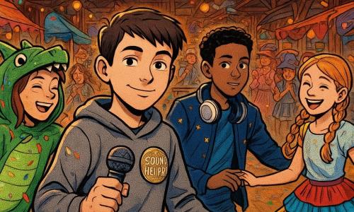 There are five children: Milo, about 12, short brown hair, wearing a gray hoodie with a shiny 