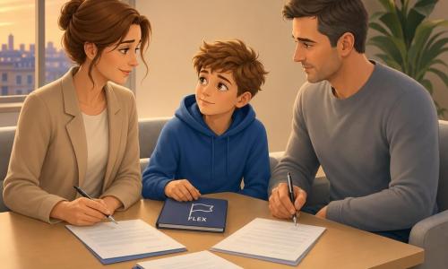 Three characters: Milo, a 10–11-year-old boy with tousled light brown hair and hazel eyes in a blue hoodie seated at the corner of a large table with one hand on a small notebook labeled “FLEX”; his mother, about 35–40, with brown hair in a loose bun wearing a soft beige jacket, sitting left of Milo, holding a pen above a sheet to sign and looking at him compassionately; his father, about 35–40, with short dark hair in a gray sweater, sitting right of Milo, calm and focused with another pen ready to sign and a discreet sports bag on the floor. They are in a small bright meeting room with modern furniture—light wood table, gray upholstered chairs, a neat stack of documents, two pens side by side, a round wall clock, a window letting in soft evening light, sand-colored walls and a green plant. The parents are signing a custody agreement on the table; Milo sits between them, calm but moved, the scene conveying stability and care rather than conflict, with paper, pens, hands and gazes forming a visual triangle centered on Milo and soothing colors and lighting; small concrete details include a black pen, a paperclip, the “FLEX” notebook and a half-full coffee cup.