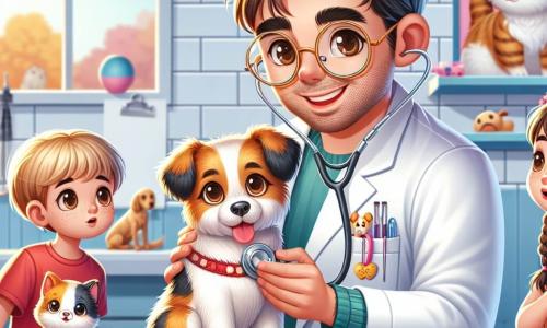 Ein männlicher Tierarzt, Dr. Martin, steht im Mittelpunkt des Bildes und lächelt freundlich. Er trägt einen weißen Kittel, runde Brille und hat leicht zerzauste braune Haare. Er untersucht einen kleinen Hund, Bello, mit einem Stethoskop und zeigt eine wohlwollende und konzentrierte Miene. Neben ihm beobachtet ein 8-jähriger Junge, Tim, mit weit aufgerissenen Augen. Er hat blonde Haare und trägt ein rotes T-Shirt. In seinen Händen hält er ein hundeförmiges Spielzeug und ist fasziniert von dem, was er sieht. Etwas weiter entfernt schaut ein 7-jähriges Mädchen, Anna, bewundernd zu. Sie hat geflochtene braune Haare und trägt ein Blumenkleid. Sie streichelt eine hübsche Katze, Minka, die ruhig und gelassen auf dem Untersuchungstisch sitzt. Die Szene spielt in einem hellen und einladenden Tierarztzimmer mit bunten Tierpostern an den Wänden, verstreuten Tier-Spielzeugen und ordentlich angeordneten medizinischen Geräten. Ein Fenster lässt Sonnenlicht herein, das den Raum erhellt. Die Hauptsituation zeigt Dr. Martin, der Bello untersucht, während Tim und Anna, begeistert, lernen, wie man sich um Tiere kümmert und die Bedeutung der Gesundheit von Tieren entdecken.