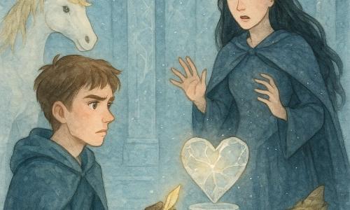 A young man (about 17) in a glove holds a small hot glass shard, face determined yet vulnerable, offering it toward a large cracked crystal heart on a pedestal; an adult woman, Morwenna (about 40), in a black dress and frosted cloak with ink‑black hair watches a few steps back, surprised and sad, hands hesitant near the ice heart; a unicorn with milky white coat and golden mane stands behind the boy with a soft gaze and a faint golden horn glow; a tiny gnome (~30 cm) peeks from behind an ice column wearing a dry‑leaf hat, looking amazed; the scene is a frozen great hall with translucent ice walls engraved with flakes and black vines, frost sparkles, tall columns and a polished reflective floor; the key moment shows the shard warming the air as luminous cracks run through the crystal heart, a mood of gentle tension and nascent hope; palette: cool blues and silvery grays with subtle warm accents (gold, pale pink); style: delicate watercolor, granular textures, white gel‑pen highlights on ice and frost.