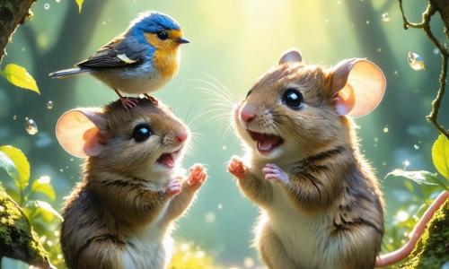Una pequeña ratona llamada Valentina, con un pelaje suave y marrón, grandes ojos brillantes de curiosidad y bigotes temblorosos, se encuentra en el centro de la escena, sonriendo y llena de entusiasmo. Está ayudando a un pequeño pájaro de plumas coloridas, que parece alegre y agradecido, posado en una rama justo encima de ella. El lugar es un hermoso bosque encantado, donde los rayos del sol filtran a través de las hojas verdes, creando patrones luminosos en el suelo cubierto de flores brillantes y musgo suave. La situación principal muestra a Valentina extendiendo una hoja como una alfombra mágica para ayudar al pequeño pájaro a regresar a su nido, con destellos de luz brillando a su alrededor, simbolizando la magia de la amistad y la ayuda mutua.