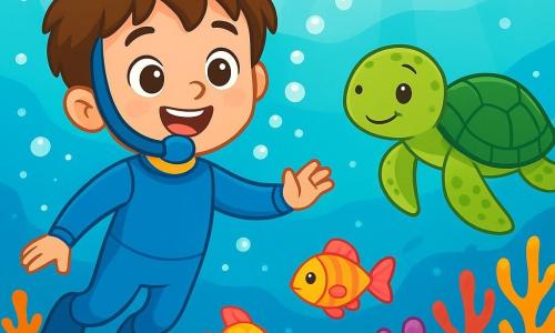 Um menino de 4 anos, Lucas, com cabelo castanho bagunçado e olhos curiosos, usa um traje de mergulho azul. Ele nada alegremente debaixo d'água, cercado por bolhas cintilantes, com um grande sorriso no rosto. Ao seu lado, uma tartaruga marinha sorridente, com um casco verde e olhos suaves, flutua pacificamente, observando Lucas com carinho. O cenário é um mundo subaquático vibrante, repleto de corais coloridos, peixes de escamas brilhantes e raios de luz que filtram pela superfície da água. Lucas explora esse reino subaquático, maravilhado com a beleza das criaturas marinhas ao seu redor, pronto para viver uma aventura inesquecível.