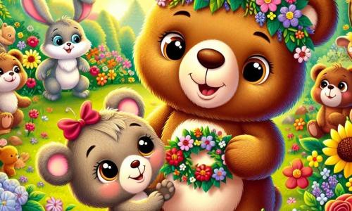 A young teddy bear, Benny, with soft brown fur and sparkling joyful eyes, stands in the center of an enchanted garden, surrounded by bright, colorful flowers. He smiles widely, holding a flower crown in his small paws, ready to place it on his mother's head. Next to him, Mama Bear, a large bear with light brown fur and warm eyes, looks at Benny with a mix of surprise and love, her arms open, ready to embrace him. In the background, forest creatures like Lizzy the mouse, with her gray fur and pointed ears, and Timmy the rabbit, with his large ears and white fur, are having fun decorating the garden with colorful flowers and leaves. The garden is filled with multicolored flowers—red roses, yellow sunflowers, and delicate violets—while fireflies sparkle in the evening air, adding a touch of magic. The scene is joyful and festive, capturing the moment when Benny reveals his surprise for Mother's Day, surrounded by his friends and his mother's love.