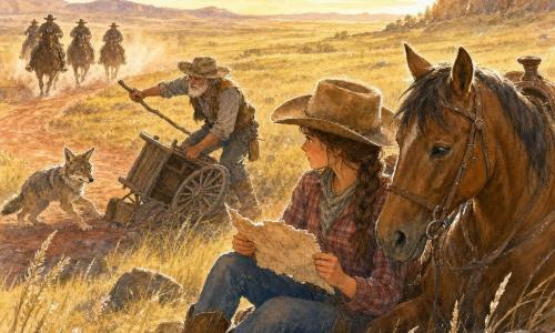 Uma jovem cowgirl de 18–22 anos, pele bronzeada, trança sob um chapéu de cowboy gasto, camisa xadrez e botas empoeiradas, segura um pedaço de mapa rasgado e senta ao lado do seu cavalo castanho, olhando para ele; um homem idoso de ~60 anos, rosto enrugado e barba branca, tenta endireitar uma carroça virada e abana um bastão para afugentar um coiote nervoso a poucos passos à esquerda; três cavaleiros sombrios cavalgam apressados pela estrada de terra ao fundo, levantando poeira; a cena passa numa vasta pradaria dourada com uma estrada vermelha que leva a um desfiladeiro marcado no mapa; situação principal: a cowgirl encontra um mapa empoeirado perto da carroça virada e hesita entre ajudar o velho ou enfrentar os cavaleiros que se aproximam, sob um céu dourado de fim de tarde.