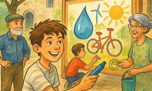 Un niño de 12 años, alegre pero concentrado, pelo castaño despeinado y manchas de pintura en los dedos, con camisa de rayas clara, dibuja un gran mural en un panel de corcho; sostiene un rotulador azul y sonríe con determinación; a su derecha, ligeramente atrás, una anciana de unos 70 años (la abuela) con cabello gris recogido en moño y vestido de flores reparte rollos de cinta adhesiva; a la izquierda, un hombre de unos 72 años (el abuelo) con gorra y barba blanca corta mira orgulloso con las manos en las caderas; cerca del fondo, la vecina de unos 60 años (la señora Clara) de pelo corto y gafas sostiene un pequeño bidón de agua y sonríe; un adolescente de 12 años (Iker) en camiseta deportiva pinta una gran bicicleta roja en el mural, agachado y concentrado; lugar: una pequeña plaza de pueblo soleada con adoquines irregulares, bancos de madera, una biblioteca de piedra con ventana abierta, árboles y hojas secas en el suelo; situación: la comunidad pinta un mural colectivo sobre el ahorro de agua y energía, colores vivos, trazos visibles, carteles sencillos pegados y ambiente optimista de cooperación.