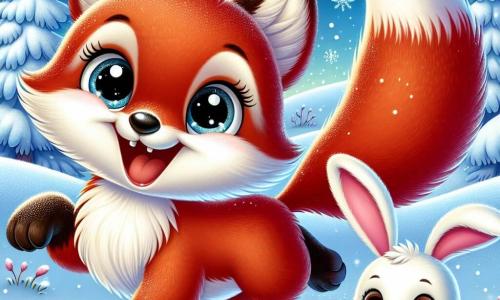 An illustration depicts a small, joyful, and curious red fox with bright eyes and silky fur, jumping in the snow, leaving paw prints behind, while a big smile lights up its face. Nearby, a playful and energetic little white rabbit with perked-up ears and a twitching nose is about to roll a snowman, displaying an expression of joy with rosy cheeks contrasting against the bright white snow. The setting is an enchanted forest, with trees covered in a thick layer of shimmering snow and gentle snowflakes falling from the light blue sky, creating a magical and peaceful atmosphere. The main scene shows the fox and the rabbit playing together in the snow, laughing and having fun, surrounded by fairy-tale winter landscapes. Other graphic elements include swirling snowflakes, footprints in the snow, and a backdrop of softly snow-covered hills, enhancing the magic of winter.