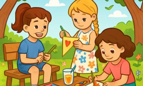 Există 3 personaje: - Lara: o fată de 10 ani, cu părul brun prins într-o coadă de cal înaltă, îmbrăcată cu un tricou albastru și o fustă din blugi. Ea stă pe o bancă, zâmbitoare, ținând o ramură în mâini. - Mara: o fată de 10 ani, cu părul blond împletit, îmbrăcată cu o rochie cu flori colorate. Ea stă în picioare lângă Lara, desenând pe un steguleț din hârtie. - Sofia: o fată de 10 ani, cu părul castaniu creț, îmbrăcată cu un tricou roz și o pereche de pantaloni verzi. Ea este așezată în fața unei mese din lemn, înconjurată de materiale de artă, colorând un steguleț. Locul este un parc însorit, cu copaci mari de arțar cu frunze verzi strălucitoare, flori sălbatice colorate care cresc pe sol și o briză ușoară care face frunzele să danseze. În fundal, se vede un cer albastru deschis presărat cu câteva nori albi pufoși. Situația principală a poveștii arată cele trei prietene creând un ghirlandă colorată de stegulețe pentru ziua mamei, înconjurate de materiale de artă, biscuiți și limonadă, în timp ce împărtășesc râsete și amintiri vesele.