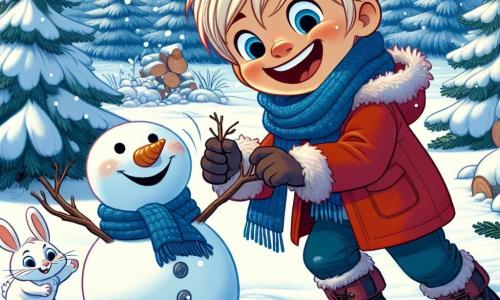 Een 5-jarig jongetje, genaamd Lars, met rommelig blond haar en roze wangen, glimlacht vrolijk terwijl hij een sneeuwpop bouwt in een winterbos. Hij draagt een dikke rode jas, een blauwe sjaal en een paar grote zwarte laarzen, zijn ogen stralen van opwinding. In de buurt kijkt een klein wit konijn met grote oren nieuwsgierig naar Lars, terwijl het op zijn achterpoten in de sneeuw staat. De omgeving is een betoverd bos, waar grote sparren bedekt zijn met sprankelende sneeuw en de grond bedekt is met een dikke laag poedersneeuw. Sneeuwvlokken vallen zachtjes uit de heldere blauwe lucht, wat een magische sfeer creëert. De belangrijkste situatie toont Lars die lacht en plezier heeft met het vormen van de sneeuwpop, terwijl hij takken toevoegt voor de armen en steentjes voor de ogen, terwijl het konijn nieuwsgierig toekijkt naar deze vrolijke creatie.