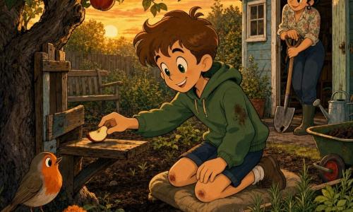 A smiling, focused 10-year-old boy with tousled light-brown hair and bright green eyes, wearing a green hoodie with a dirt stain and slightly scraped knees, gently places an apple slice on a small reclaimed wooden shelf for birds while a robin with orange-and-gray plumage perches nearby; Mrs. Patel, about 35, watches from the doorway of a pale-blue shed, smiling with her dark hair in a bun and holding a light trowel. The late-afternoon garden corner has dark soil, raised beds of orange marigolds and herbs, a low-branched apple tree laden with red apples, and warm golden light that creates a gentle, attentive atmosphere with visible textures of scratched wood, damp earth, and glossy feathers.