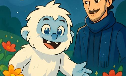 Un giovane yeti di nome Lumak, con una pelliccia bianca e morbida come la neve, si trova al centro dell'immagine, i suoi grandi occhi blu brillano di meraviglia e curiosità. Sorride mostrando i suoi denti bianchi, mentre tende la mano verso un magnifico campo di fiori colorati che lo circonda. Accanto a lui, un uomo misterioso di nome Antioch, di circa 30 anni, indossa un lungo mantello blu scintillante, i suoi occhi brillano come stelle nella notte. Si tiene leggermente in disparte, osservando Lumak con un sorriso benevolo, pronto a insegnargli i segreti della magia. Il luogo è un campo incantato, costellato di fiori dai petali dai colori vivaci: rossi, gialli, viola e dorati, che danzano dolcemente sotto una leggera brezza. La luna brilla alta nel cielo, illuminando il paesaggio con una luce argentata, creando un'atmosfera magica. La situazione principale mostra Lumak che scopre la bellezza del campo di fiori parlanti, meravigliato dal loro splendore e dal loro dolce canto, mentre Antioch lo incoraggia a esplorare questo mondo fantastico.