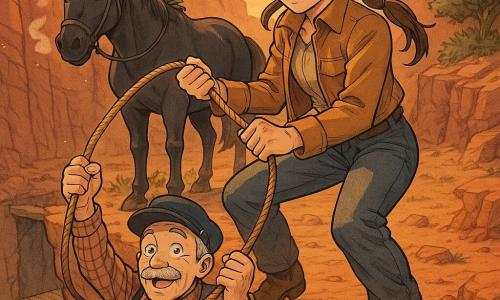 Hoofdpersonage: een jonge cowgirl, bruin haar in lange vlecht, geconcentreerd en kalm gezicht, vastberaden zachte ogen, lichte bruine leren jas, brede hoed, ze houdt een strak lasso vast, stabiele houding, knieën licht gebogen aan de rand van een klif. Bijfiguur: een oude postbode van ongeveer 70, gerimpeld vriendelijk gezicht, grijze snor, stoffig geruit overhemd, hij hangt aan het lasso met beide handen, opgeluchte verbaasde uitdrukking, benen zwaaiend boven de diepte, iets lager dan de cowgirl. Bijfiguur: zwarte paard Donder, gezet en rustig, dampende neusgaten, vastgebonden aan een struik achter de cowgirl, oren gespitst, aandachtige blik. Plaats: smalle rotsachtige kloof (Coyote Canyon) met rood-oranje gestreepte wanden, smal zandpad en wiebelige plank boven een donkere leegte, omgevallen postkoets beneden, verspreide postzakken, gouden stofdeeltjes in de lucht. Situatie: schemering met warm oranje licht, de cowgirl trekt langzaam en stevig aan het lasso terwijl de oude man naar de rand wordt gehesen, voelbare spanning maar geruststellende sfeer; kleine details: zichtbare stofdeeltjes, gespannen lassovezels, glinsterend houten zakhorloge in de broekzak van de postbode.