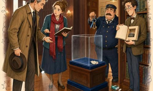 Un detectiv concentrat şi senin, cu pardesiu maro şi pălărie în mână, luminează cu o lanternă o urmă de cenuşă albastră pe podea; o bibliotecară anxioasă dar uşurată, cu eşarfă roşie udă şi păr prins, ţine un registru lângă vitrina goală cu interior de catifea albastră; un paznic corpolent, cu mustaţă, arată un bundar de chei la uşa sălii de supraveghere, cu un elastic mic albastru prins; un profesor înalt şi slab, cu ochelari rotunzi, stă lângă un raft înalt de atlasuri unde o copertă întoarsă dezvăluie o cutie în care se găseşte o busolă de argint; indicii vizibile: picătură de ceară albastră pe parchet, pachet de gumă mentă lângă paznic, o notă mică mototolită pe soclul vitrinei; atmosferă caldă de mister rezolvat într-un hol de bibliotecă vechi cu pardoseală din parchet lacuit şi lampi galbene care proiectează umbre lungi.
