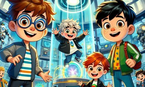 In einem futuristischen Technolabor stehen vier Freunde zusammen, alle sechs Jahre alt. Max, ein Junge mit zerzausten braunen Haaren und funkelnden Augen, steht in der Mitte und lächelt begeistert. Links von ihm schaut Leo, ein Junge mit runden Brillen und blonden Haaren, neugierig auf eine große Maschine. Rechts springt Tim, ein Junge mit schwarzen Haaren und bunten Kleidern, vor Freude mit erhobenen Armen. Schließlich hockt Ben, ein Junge mit roten Haaren und Sommersprossen, um einen leuchtenden Knopf an der Maschine zu untersuchen. Das Technolabor ist ein riesiges Gebäude aus Glas und Stahl, gefüllt mit hellen Lichtern und futuristischen Maschinen. Im Hintergrund bewegen sich Roboter, und holographische Bildschirme schweben in der Luft und zeigen bunte Informationen an. Die Freunde entdecken eine seltsame Maschine, die in tausend Farben leuchtet und bereit ist, sie auf eine Reise in den Himmel und darüber hinaus zu interstellaren Abenteuern mitzunehmen.