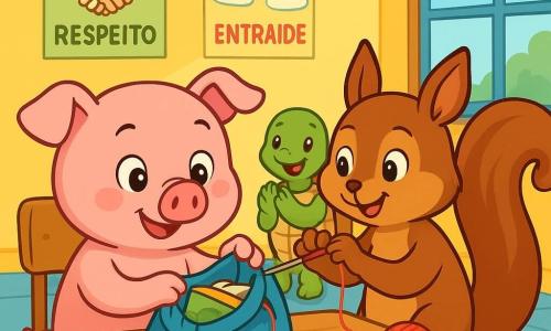 Um porquinho rosa travesso, com olhos brilhantes de curiosidade e um sorriso caloroso, está sentado em uma mesa de madeira, segurando um saco de lona azul cheio de livros e materiais escolares. Ao seu lado, um esquilo marrom de grandes orelhas, com uma expressão alegre e um ar concentrado, segura uma agulha e um novelo de linha, pronto para ajudá-lo a consertar o saco. O cenário é uma sala de aula iluminada, com paredes amarelas e janelas que deixam a luz do sol entrar, iluminando cartazes coloridos sobre respeito e cooperação. Na mesa, lápis de cor e folhas de papel estão espalhados, enquanto um grupo de amigos, incluindo uma pequena tartaruga verde e uma coruja sábia, os observa com sorrisos encorajadores. A cena principal mostra o porquinho e o esquilo costurando juntos o saco, simbolizando a ajuda mútua e a solidariedade, enquanto os outros amigos aplaudem e encorajam, criando uma atmosfera de alegria e camaradagem.