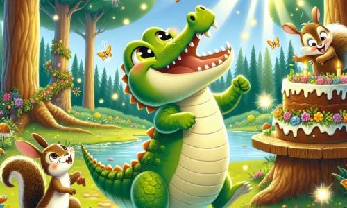 Un crocodil fericit numit Croco, cu o piele verde strălucitoare și ochi mari strălucitori, dansează în mijlocul unei poieni însorite, înconjurat de flori colorate și licurici sclipitori. Lângă el, o veveriță mică numită Zizi, cu blană maronie și o coadă pufoasă, agăță ghirlande de flori pe o ramură, râzând. Nu departe, un iepure tânăr numit Tobi, cu urechi mari și blană bej, încearcă să păstreze un tort uriaș în formă de morcov pe o masă din lemn, reținându-se să nu-l mănânce. Scena are loc într-o pădure fermecată, unde copacii majestuoși se înalță în jurul lor, iar solul este acoperit cu iarbă verde și petale colorate. Croco și prietenii săi pregătesc o mare petrecere, plină de râsete și muzică, unde toți animalele din pădure sunt invitate să li se alăture pentru a sărbători prietenia.