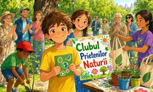 Un băiat de 10 ani, timid și radiant, ține mândru un carnețel verde cu abțibilduri; în față, purtând tricou galben și jeanși. În spatele lui, o fată de circa 10 ani, în rochie albastră și cu părul împletit, îl încurajează ținând o pancartă „Clubul Prietenilor Naturii”. La stand, alți copii: un băiat de 9 ani cu șapcă roșie plantează un măr, iar o fată de 11 ani împarte sacoșe reutilizabile. Întregul eveniment mic ecologic are loc într-un colț de parc dimineața, cu bănci din lemn, iarbă cu margarete, stejari și o alee pietruită; masa cu față de masă florală afișează jurnale ecologice, ghivece de plantare și postere colorate, iar trecătorii privesc și aplaudă într-o atmosferă luminoasă și veselă.