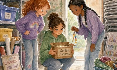 Three girls—Mina, about 10, brown hair in a bun, crouched center holding a small brown box labeled Golden Tickets; Jade, about 9, red hair in a ponytail, left with hands on hips looking excited; and Poppy, about 11, braided black hair, right smiling and holding a shiny key on a colorful tag—stand in a narrow warm community center storage room with light-stained pale brick walls, metal shelves of colored bins, folded gray tables and rolls of decorations; they have just found the box hidden behind a bin of plastic cups, soft light from an open door, glue glitter and green paint stains on the dusty concrete floor with wheel marks, and share relieved, friendly gestures and knowing looks.