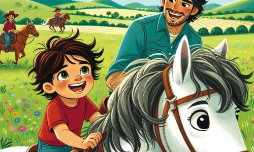 Un niño de 4 años, Javier, con cabello castaño desordenado y una gran sonrisa, monta un caballo blanco llamado Estrella. Lleva una camiseta roja y un pantalón de mezclilla, y su rostro expresa alegría y emoción. A su lado, Carlos, un hombre de 30 años, con cabello negro y barba bien cuidada, lleva un sombrero de vaquero y un chaleco de jinete. Sonríe y anima a Javier mientras sostiene la rienda de otro caballo. La escena se desarrolla en un amplio campo verde, salpicado de flores coloridas y bajo un cielo azul brillante con algunas nubes blancas. A lo lejos, se ven suaves colinas y un grupo de niños montando sus caballos, riendo y jugando juntos. La situación principal muestra a Javier, un poco dudoso, que acaba de caer de su caballo, pero se levanta con valentía, listo para volver a montar, mientras Carlos lo anima y los otros niños lo aplauden, creando una atmósfera de camaradería y amistad.