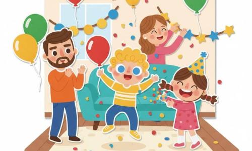 A joyful, wide-eyed 4-year-old blond curly boy with blue eyes plays with shiny confetti and holds a red balloon, a smiling, excited 4-year-old girl (Lucy) with brown pigtails and a polka-dot party hat laughs and throws confetti to his right, a warm brown-haired mother hangs string lights in the background, an amused 30–35-year-old father with light beard holds two inflated balloons and applauds to the left; the cozy colorful living room has a cream plush rug, turquoise sofa, yellow and blue string lights, red, green and gold balloons floating at the ceiling and multicolored confetti on the floor; the scene is a mini New Year’s party with children jumping and throwing confetti, balloons bursting into colorful petals, warm lighting and a festive decor in EVA foam-sticker style with simple shapes, bold outlines, thick textures and bright colors.