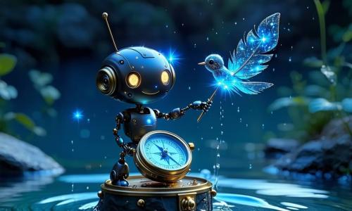 Die Hauptfigur ist Fin, ein runder Messing-Kompassroboter mit zwei funkelnden Nadeln und kleinen blauen LEDs, sein eingraviertes Gesicht wirkt entschlossen und fröhlich; Fia ist eine winzige silberne Feder aus Sternenstaub, leicht und verspielt, die um Fin kreist und leuchtende Partikel hinterlässt; die Glasharfe ist ein schlankes anthropomorphes Instrument mit transparentem Körper und leuchtenden Saiten, das zurückschwebt und klingende Lichtbänder aussendet; Chrona, die Sanduhr-Wächterin, ist eine große Metall-Glas-Hybridgestalt mit fließendem, leuchtendem Sand und einem wohlwollenden Lächeln, die an einer großen Leuchtstation wacht. Schauplatz ist ein Science-Fantasy-Fjord mit spiegelndem schwarzem Wasser, schwebenden Glas-Metall-Stationen, irisierenden Nebeln und sanfter Polarlichtstimmung; die drei Freunde schweben über dem Wasser, singen und spielen, sichtbare Noten als farbige Bänder vereinen sich und öffnen ein leuchtendes Portal zu einer neuen Station, Atmosphäre magisch und warm.